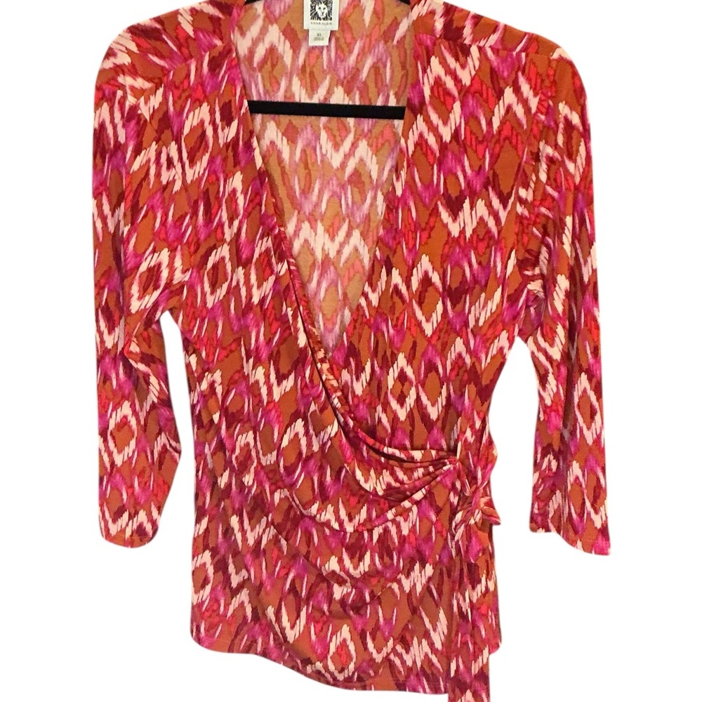 Anne Klein XL Ikat Print Faux Wrap Top Pink Orange Red 3/4 Sleeve Work